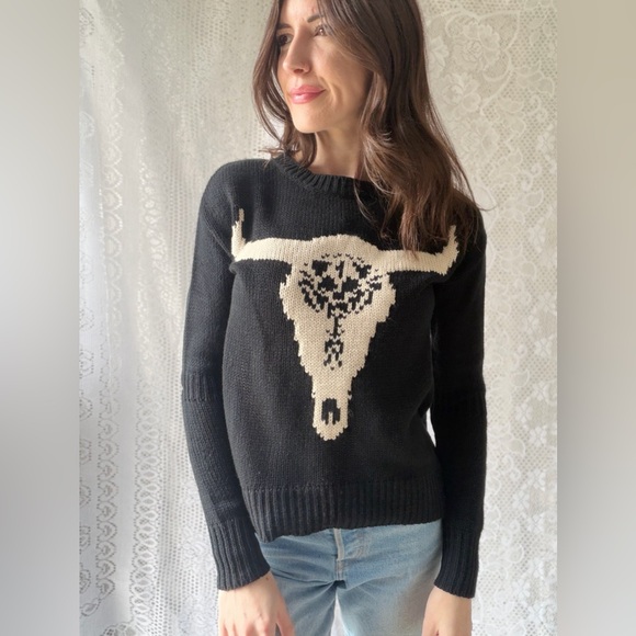 Western Bull Skull Sweater Desert Graphic Knit Pullover - Picture 6 of 16